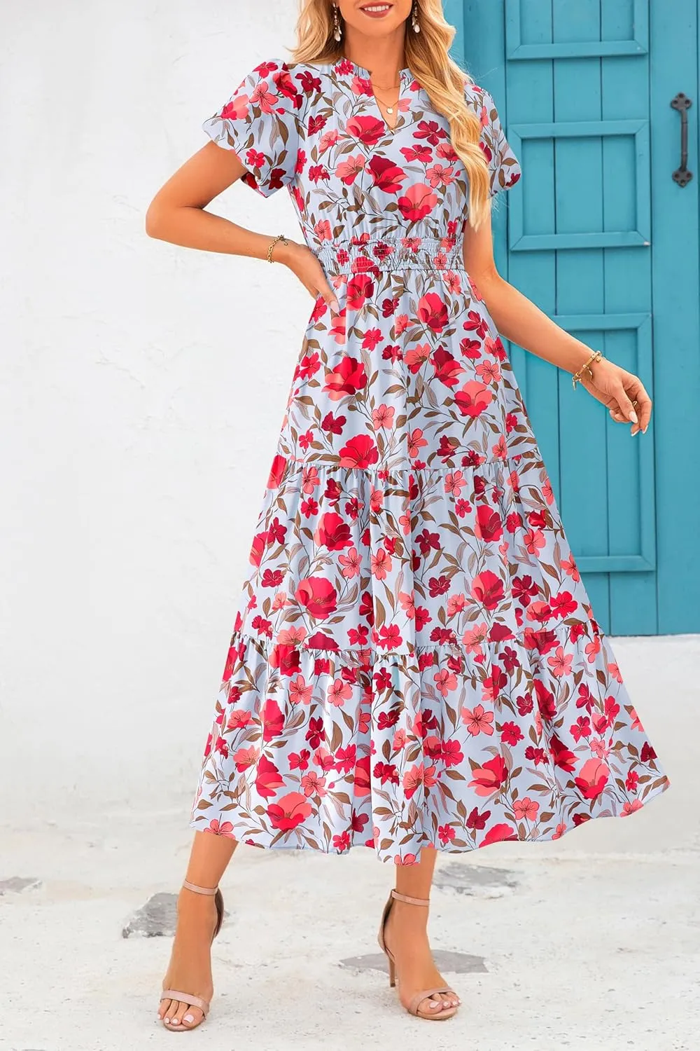 MASCOMODA Summer Maxi Dresses for Women 2025 Casual V Neck Puff Short Sleeve Smocked Flowy Beach Boho Long Floral Dress
