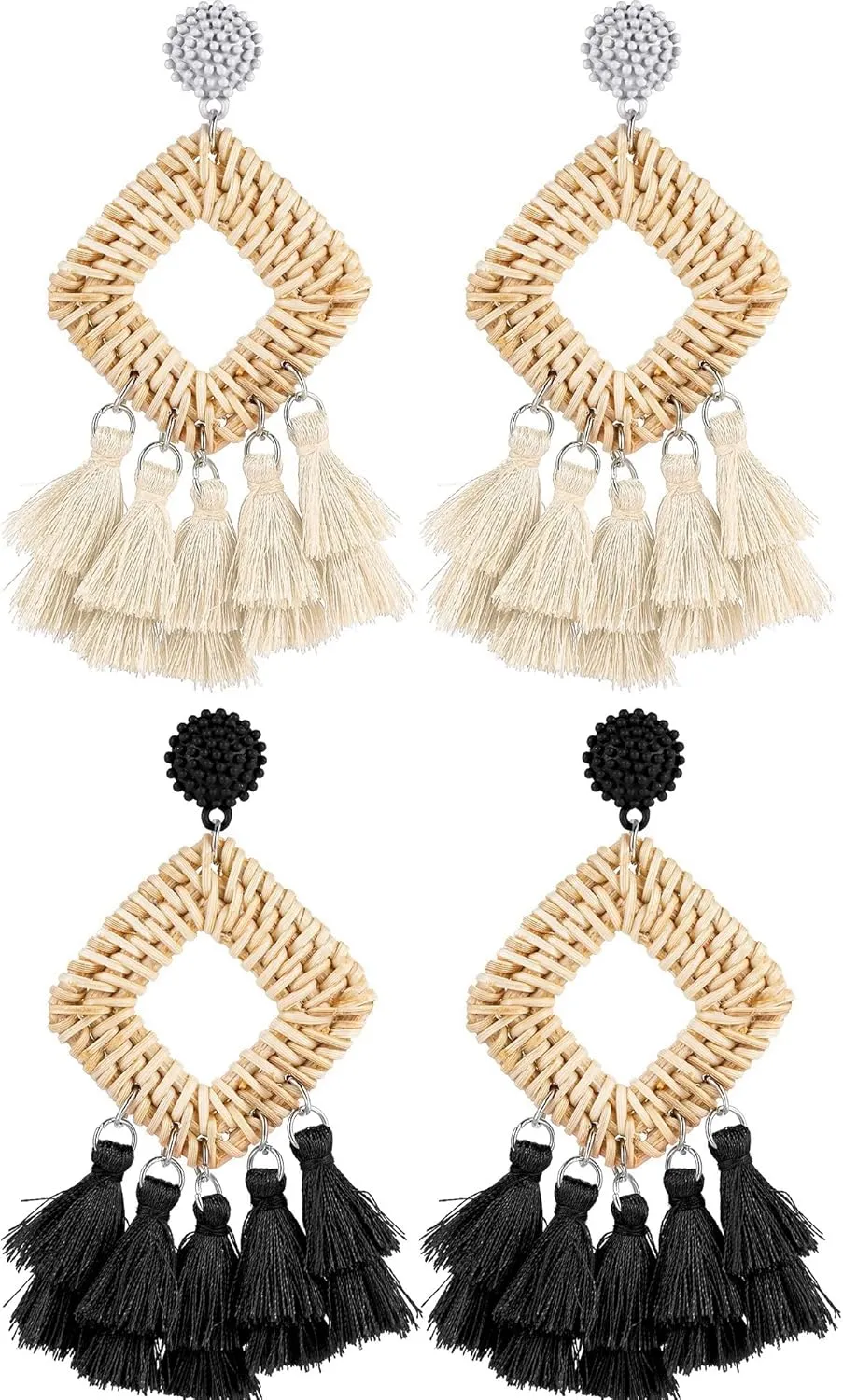 meekoo 2 Pairs Rattan Tassel Earrings for Women Bohemian Woven Earrings Summer Beach Jewelry Gifts(Black and White)