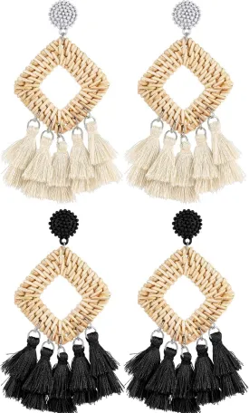 meekoo 2 Pairs Rattan Tassel Earrings for Women Bohemian Woven Earrings Summer Beach Jewelry Gifts(Black and White)