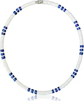 Native Treasure 22" Mens and Womens Summer Beach Surfer Necklace From the Philippines, White Ark Shells and Dodger Blue Coconut Beads, Mens Beach Necklace