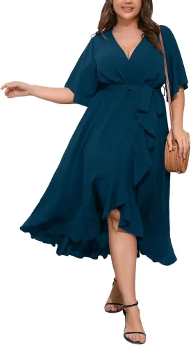 SCOMCHIC Women Plus Size Maxi Dress Short Sleeve Wrap V Neck High Low Split Ruffle Long Dress