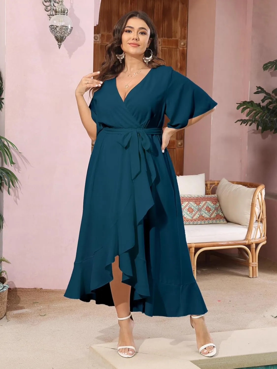 SCOMCHIC Women Plus Size Maxi Dress Short Sleeve Wrap V Neck High Low Split Ruffle Long Dress