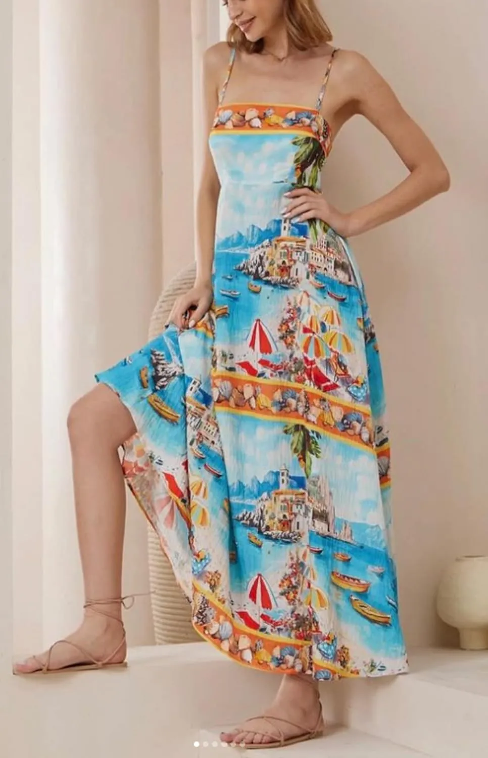 Women Bohemian Spaghetti Strap Beach Long Dress Sleeveless Graphic Flowy Maxi Dress Y2K Floral Tiered Holiday Sundress
