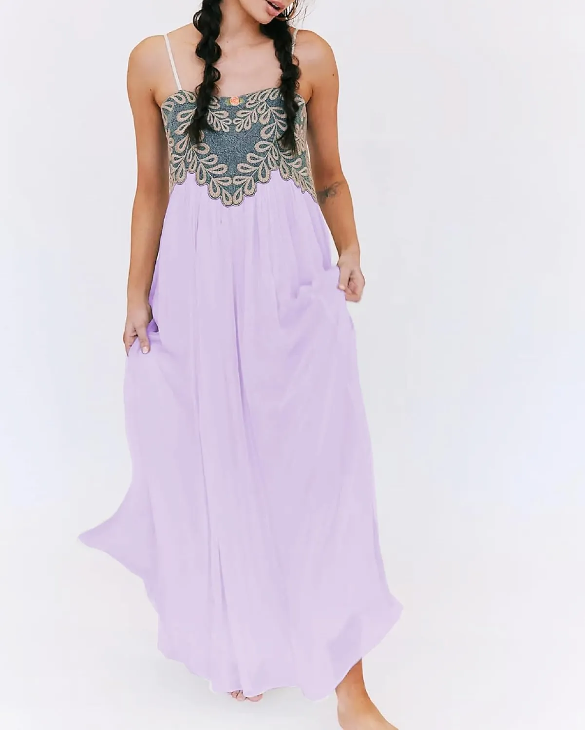 Women Bohemian Spaghetti Strap Beach Long Dress Sleeveless Graphic Flowy Maxi Dress Y2K Floral Tiered Holiday Sundress