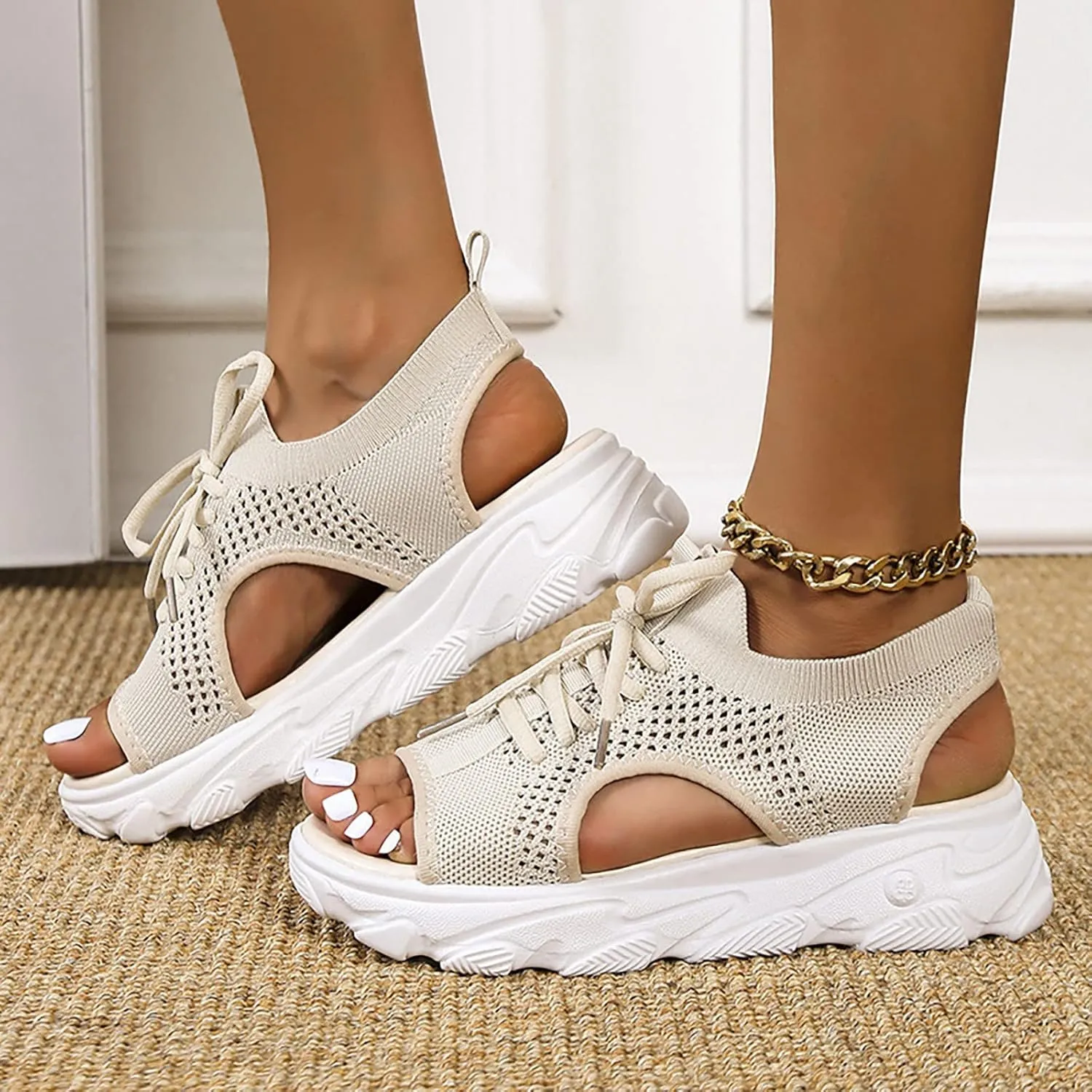 Women Orthopedic Walking Sandals Open Toe Summer Platform Sandal Lace Up Slingback Comfortable Shoes with Memory Foam