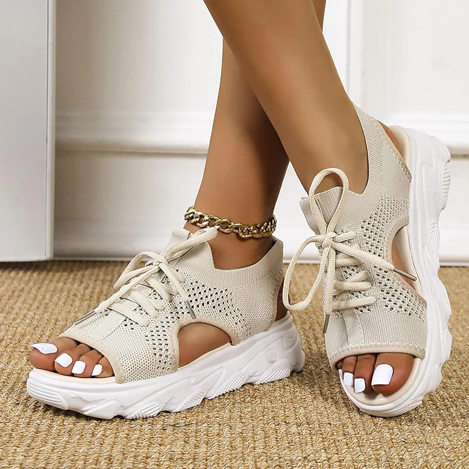 Women Orthopedic Walking Sandals Open Toe Summer Platform Sandal Lace Up Slingback Comfortable Shoes with Memory Foam