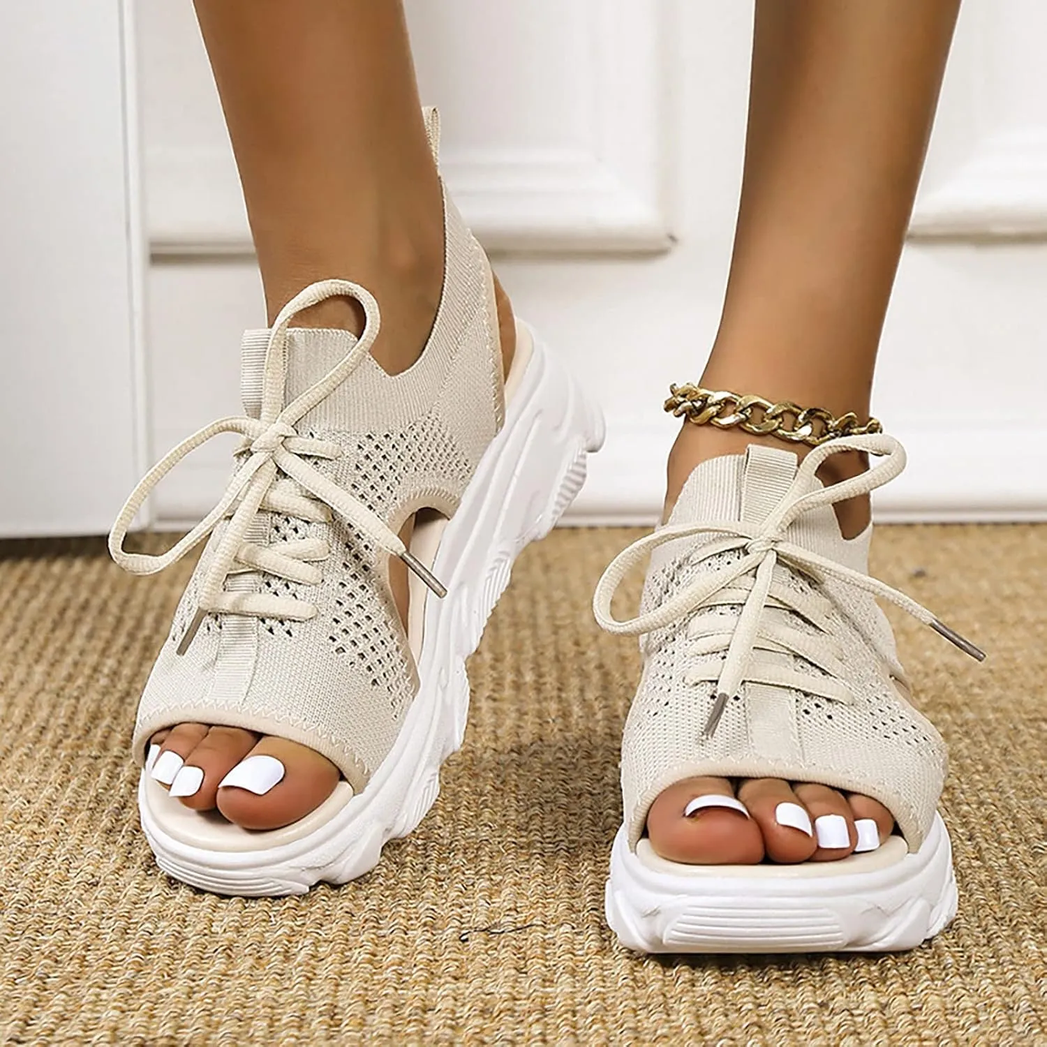 Women Orthopedic Walking Sandals Open Toe Summer Platform Sandal Lace Up Slingback Comfortable Shoes with Memory Foam