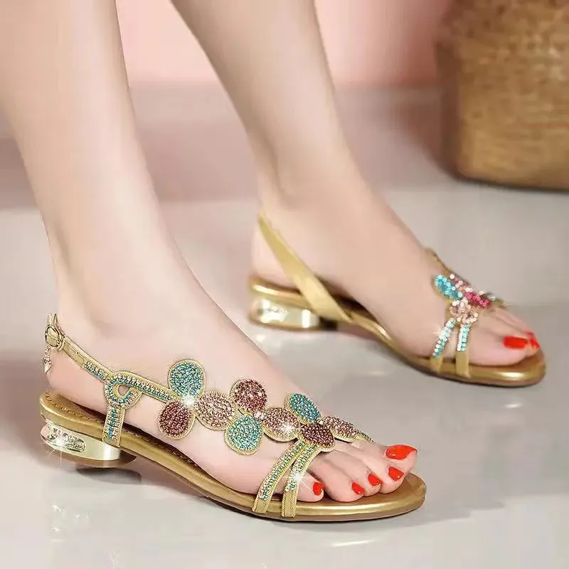 Women Summer Leather Ladies Sandals Low Heel Sandals Flat Bottom Clip Toe Thick Heel - WSD50214