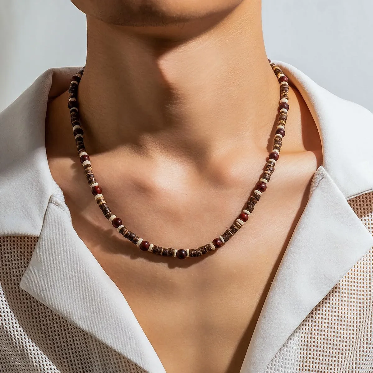 Woods & Turquoise Men's Boho Puka Shell Waterproof Beaded Necklaces for Summer & Surfer Beach Styles