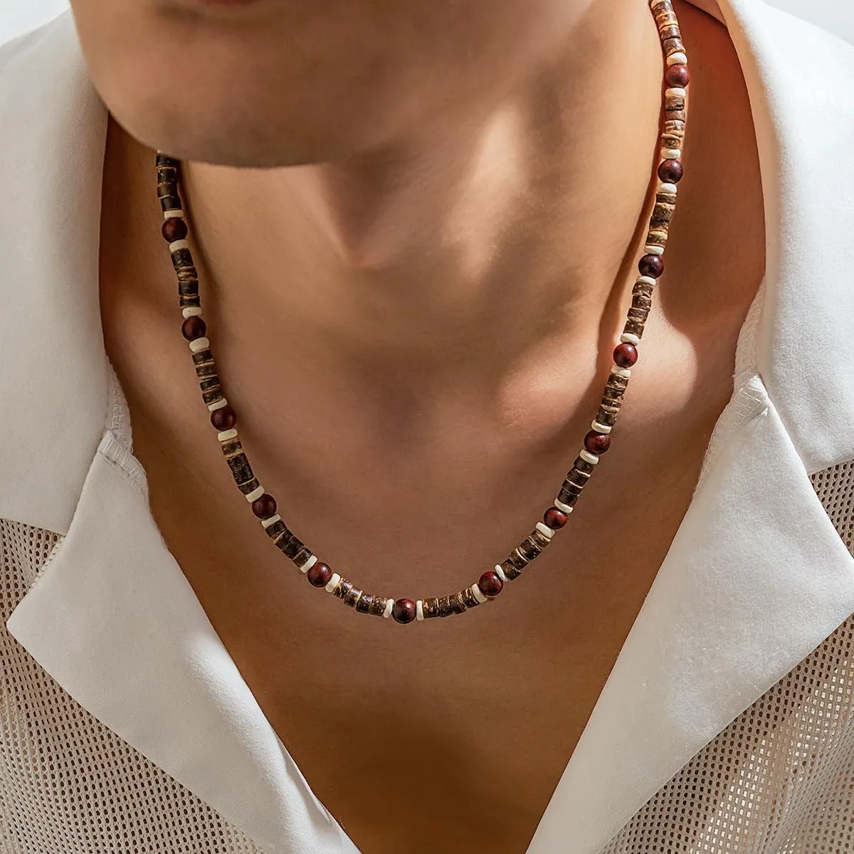 Woods & Turquoise Men's Boho Puka Shell Waterproof Beaded Necklaces for Summer & Surfer Beach Styles