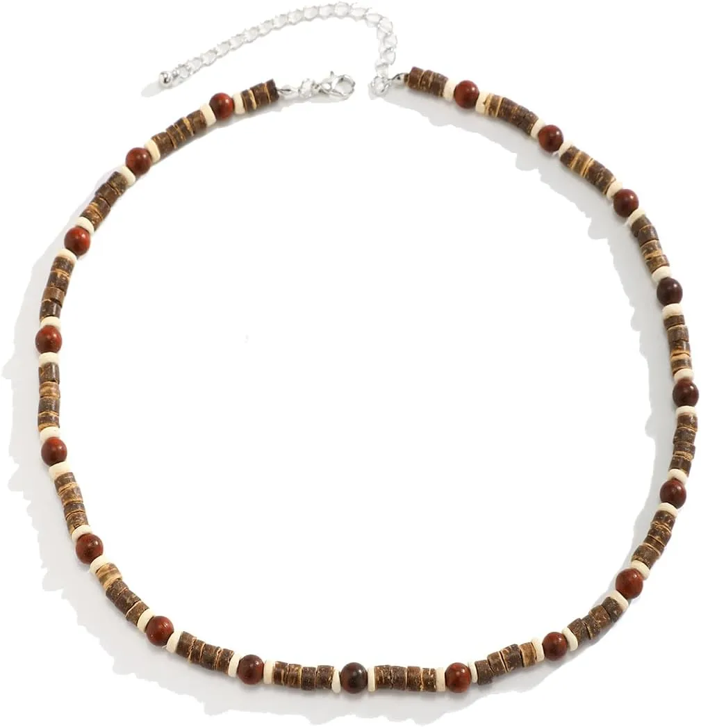 Woods & Turquoise Men's Boho Puka Shell Waterproof Beaded Necklaces for Summer & Surfer Beach Styles