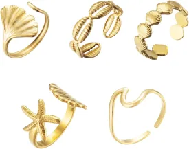 Yuoos 5PCS Gold Seashell Rings for Women Beach Surfer Starfish 18k Gold Dainty Seashell Wave Stacking Rings Summer Jewelry for Women Girl