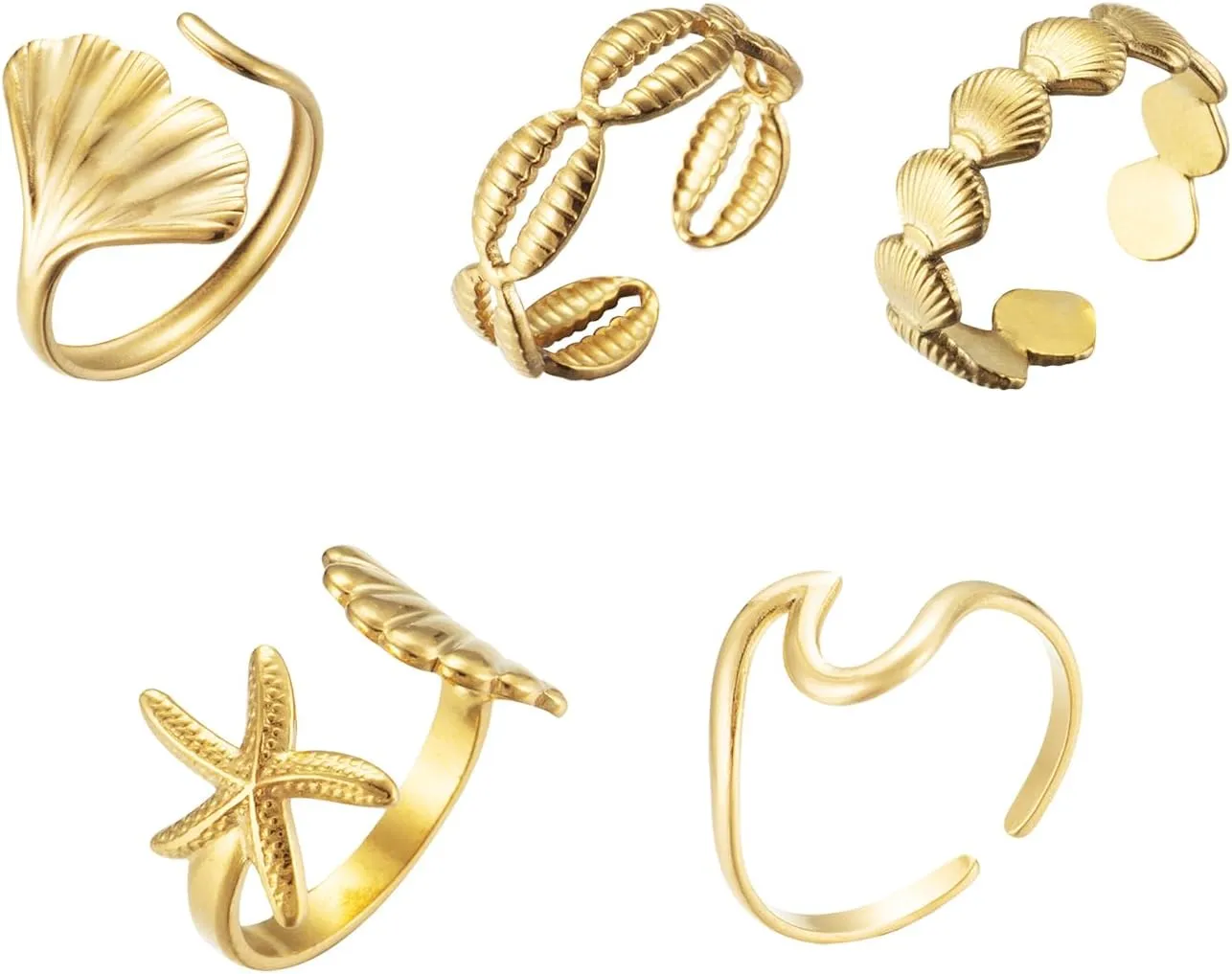 Yuoos 5PCS Gold Seashell Rings for Women Beach Surfer Starfish 18k Gold Dainty Seashell Wave Stacking Rings Summer Jewelry for Women Girl